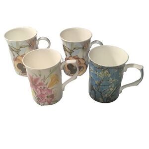 Stechcol Gracie Bone China Mugs Set of 4 - Floral & Van Gogh Almond Blossom